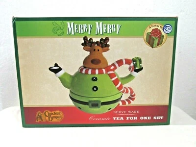 Cracker Barrel Serve Ware Ceramic Tea For One Set "Merry Merry" Reindeer - NEW - Image 1 of 3