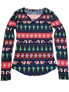 Junior Womens Christmas Print Navy Blue Long Sleeve Fitted V Neck Shirt - Picture 1 of 2