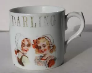 Victorian Darling China Cup Fancy Handle 2 Hand Painted Bonnet Girls on Front -- - Picture 1 of 1