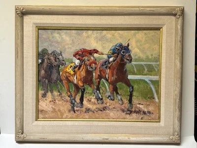 FLINT REED PAINTING HORSE RACES RACING RACETRACK AMERICAN LISTED FAMOUS OIL 24" - Image 1 of 4