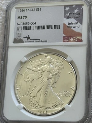 1986 American Silver Eagle $1 NGC MS70 John Mercanti Signed KEY DATE GEM LOW POP - Image 1 of 4