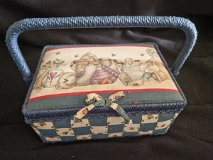 9” Sewing Basket Fabric Wicker Retro Sewing Material Print Wicker Handle - Picture 1 of 6