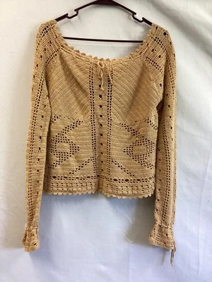 Suéter Route 66 Mujer Grande Tostado Crochet Boho Manga Larga Pullover Algodón Ramie Foto 1 de 4
