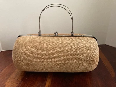 RARO Bolso de Mano Cartera Forsum Rafia Plateado Marco de Metal Hecho en Italia Años 50 Foto 1 de 4