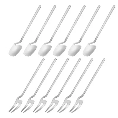 12Pcs Stainless Steel Mini Dessert Spoon Fork Set Fruit Spoon Fork, Silver - Image 1 of 4