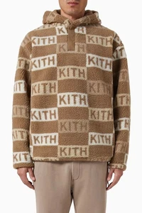 KITH Men's Merrick Sherpa Monogram Logo Fleece Hoodie Jacket Canvas Tan XL NEW - Picture 1 of 10