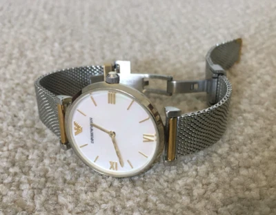 emporio armani ar2068 gianni t-bar two tone mesh mother of pearl ss ladies watch - Image 1 of 4
