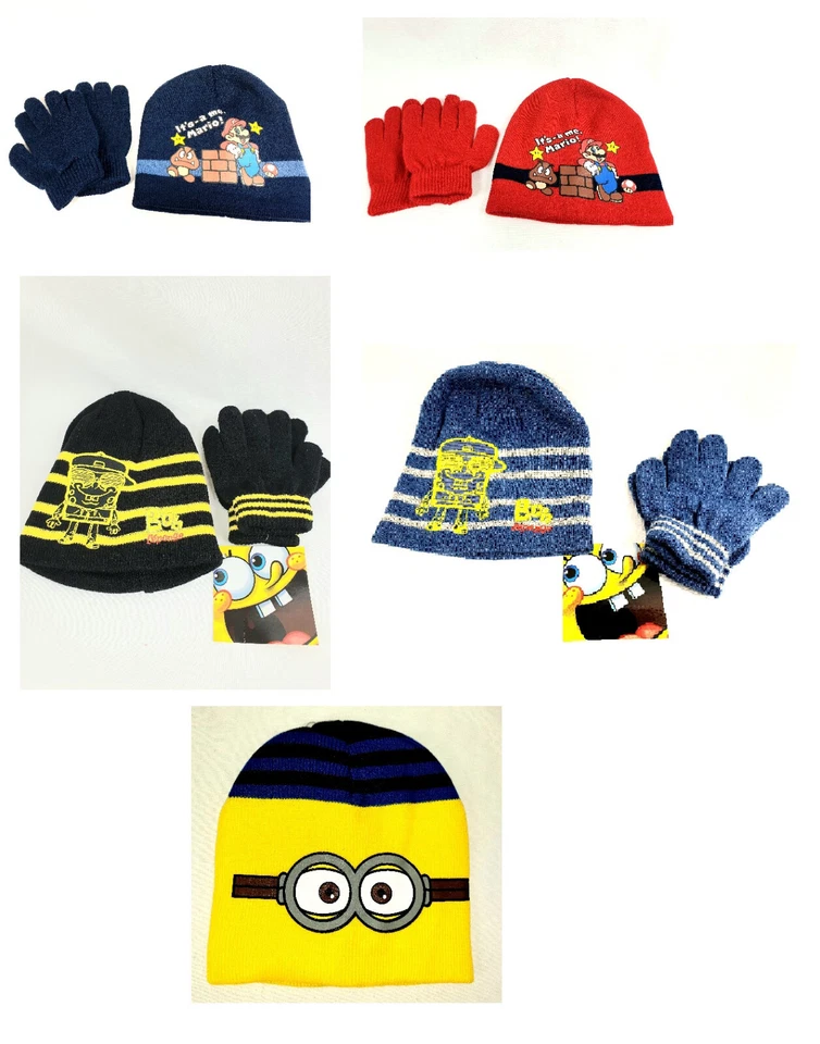 Minions, Super Mario, Sponge Bob Mütze Winter Set mit Handschuhen Kinder Jungen