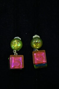 CHANEL No.5 Cube Pink Green Dangle Clip-On Earrings - Picture 1 of 6
