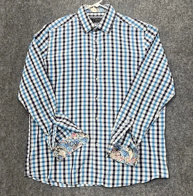 Coogi Shirt Mens XL Blue Black Flip Cuff Plaid Check Floral Button Up Colorful - Image 1 of 4