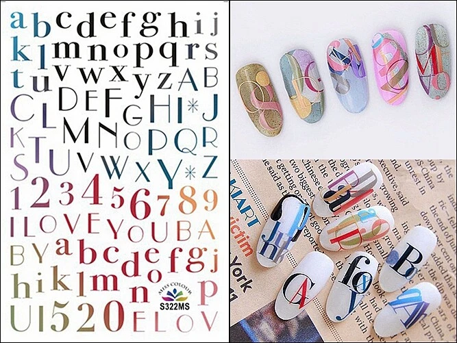 Pegatina arte en uñas número letra color iridiscencia alfabeto latino romano  Foto 1 de 1
