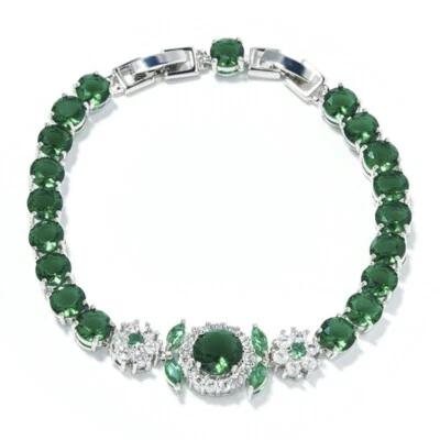 New Flower Summer Party Jewelry Round Green Citrine Gems Women Silver Bracelet - Image 1 of 4