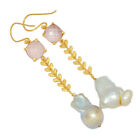 18K Gold Vermeil Natural Biwa Pearl & Rose Quartz Earrings YT2 CE12668