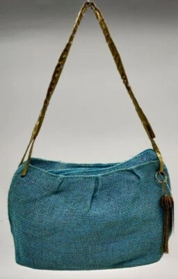 Women's Blue Woven Shell with gold accents Fashionable Shoulder Bag - Image 1 of 4