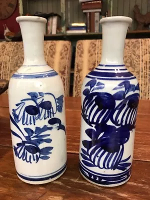PAIR ANTIQUE JAPANESE SAKE VASE 1800’s Blue and White Porcelain Approx 9” - Image 1 of 4