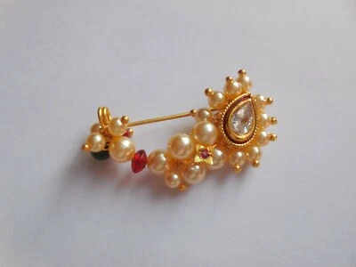 Decorated Nose Ring Ethnic Nath Bridal Non Pierced Pearl Nostril Wedding Clip - Image 1 of 4