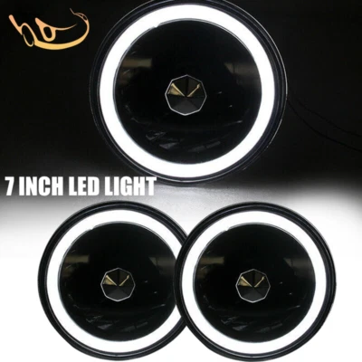 Pair 7" Inch Round White LED Headlights Angel Eyes Halo Sealed Beam Lamps LH+RH - Image 1 of 4
