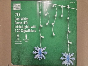 HOME ACCENTS HOLIDAY 70 COOL WHITE DOME LED ICICLE LIGHTS WITH 5 SNOWFLAKES -NEW - Picture 1 of 7