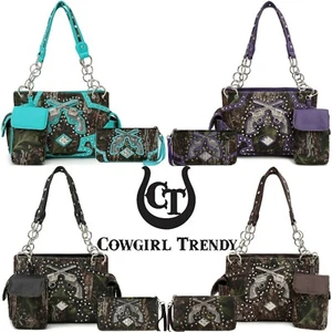 Camouflage Pistol Studs Women Handbag Concealed Carry Purse Shoulder Bag Wallet - Picture 1 of 45
