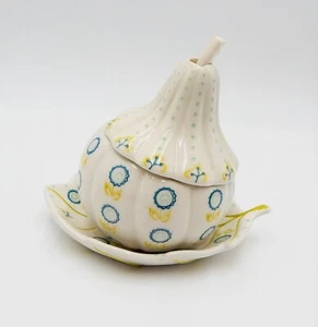 Anthropologie Ceramic Gourd Squash Sugar Bowl Jam Condiment Jar Spoon Underplate - Picture 1 of 11