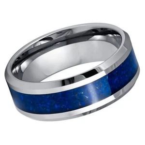 Tungsten Ring Beveled Edge with Lapis Lazuli Inlay 8 mm Wedding Band - Picture 1 of 18