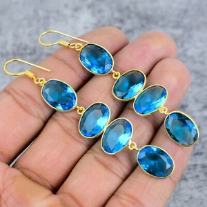 Blue Topaz Gemstone Handmade Jewelry Dangle Drop 925 Sterling Silver Earring