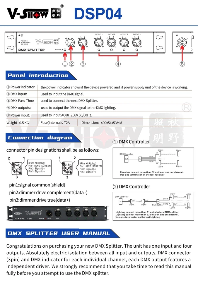 V-Show DMX Splitter 4 Output Signal Amplifier DMX Distributor for Stage Light - Image 1 of 1
