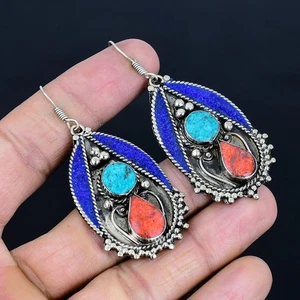 Turquoise Coral Lapis Lazuli 925 Sterling Silver Tibetan Nepali Earring 2.5" T91 - Picture 1 of 9