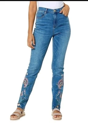 Pantalones de mezclilla ajustados DG2 Diane Gilman para mujer 0P clásicos elásticos florales bordados azules Foto 1 de 4