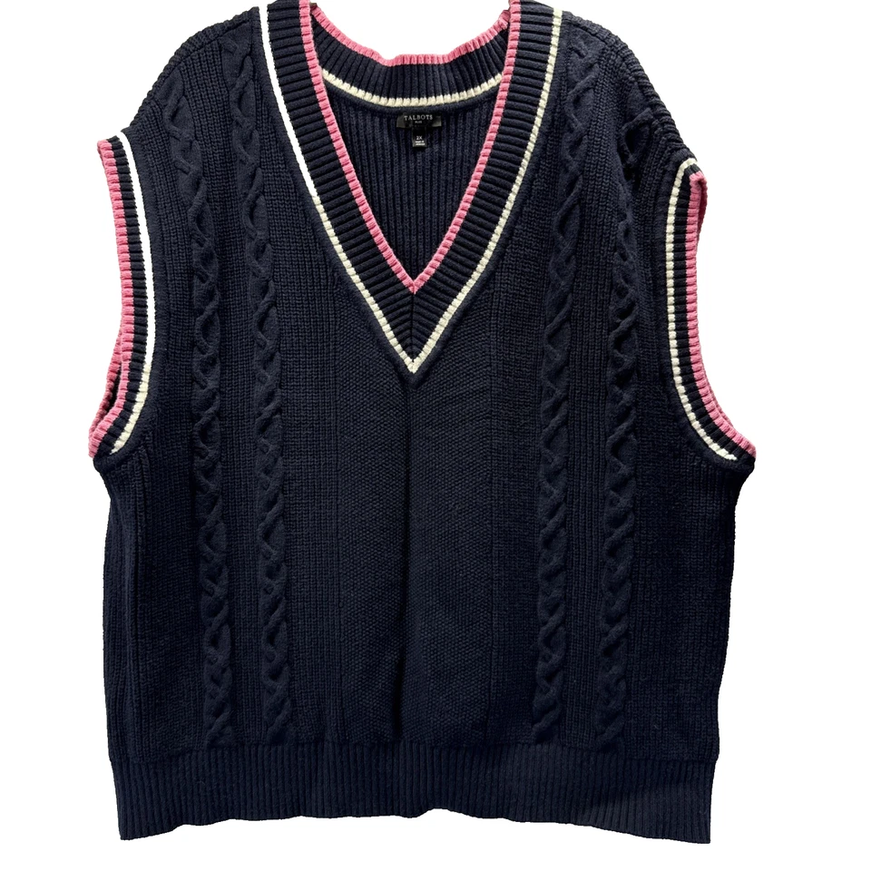 Talbots Women's Knit Vest Size 2X Blue Pink Wool Blend V Neck Pullover Cable - Image 1 of 4