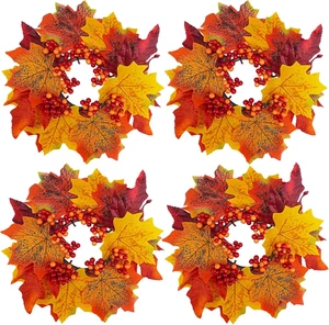 4 Pcs Artificial Maple Leaves and Berries Candle Rings Fall Candle Holders - Picture 1 of 11
