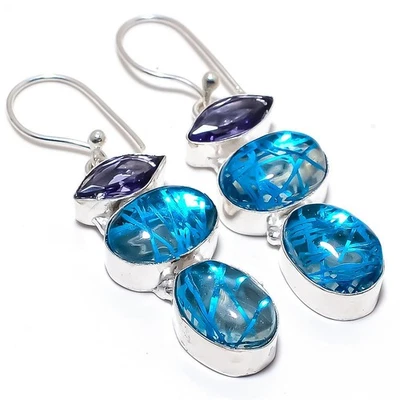 Blu Rutilo Quarzo, Ametista Gemma 925 Argento Sterling Gioielli Orecchino 6.1cm - Immagine 1 di 4