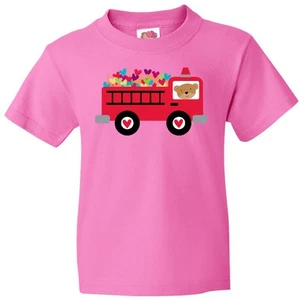 Inktastic Valentine Fire Truck Heart Bear Youth T-Shirt Babys 1st Valentines Day - Picture 1 of 9
