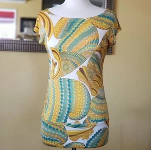 Trina Turk Paisley Silk Cap Sleeve Blouse Tunic Top Green Brown White Size Small - Picture 1 of 6