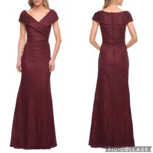 NUEVO CON ETIQUETAS Vestido La Femme Talla 6 27982 Cuello Retrato Encaje Borgoña Rojo Plisado Largo Formal - Imagen 1 de 9