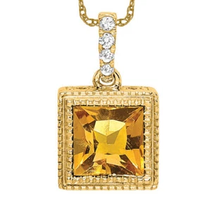 14K Solid Yellow Gold Square Citrine Diamond Necklace - Picture 1 of 12
