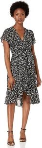 Calvin Klein Petite Flutter Sleeve A-line Dress Black/Cream Size 4P $139 - Picture 1 of 3