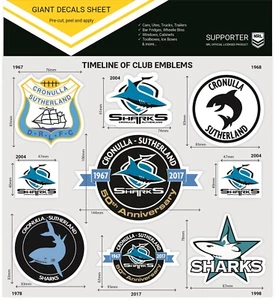 620552 CRONULLA SHARKS NRL TIMELINE OF CLUB EMBLEMS GIANT DECALS STICKER SHEET - Picture 1 of 1