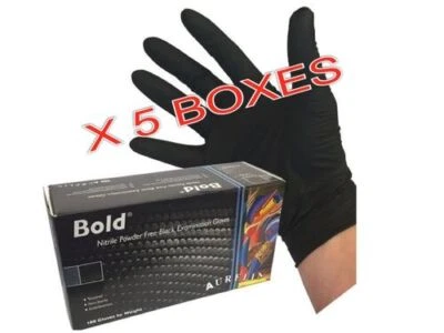 5 Boxes of 100 (500) AURELIA BOLD STRONG BLACK NITRILE Gloves Powder &Latex Free