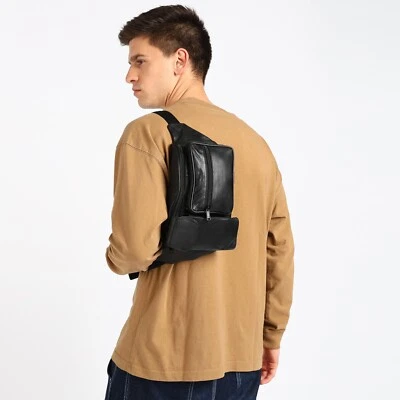 Fanny Pack Sling Bag Black Lambskin Leather Waist Bum Belt Pouch Chest Crossbody - Image 1 of 4