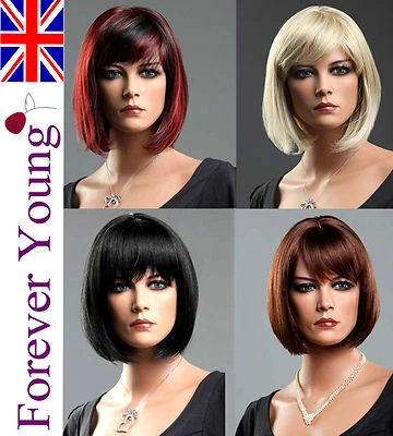 FOREVER YOUNG Damas Peluca Corta Negra Marrón Rubia Roja Peluca Cepillo Estilo Bob Moda Pelucas Completas