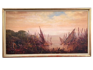 Pintura al óleo firmada por Sudjono Abdullah 1977 “Perahu Nelayan” arte indonesio - Imagen 1 de 10