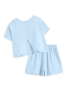 Girls Clothing 2 Piece Summer Set Short Sleeve Tops Shirts Baggy Shorts with ... - Picture 1 of 5