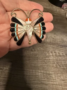 Zuni Native American Sterling Silver Vtg Turquoise Onyx Shell Butterfly Brooch - Picture 1 of 6