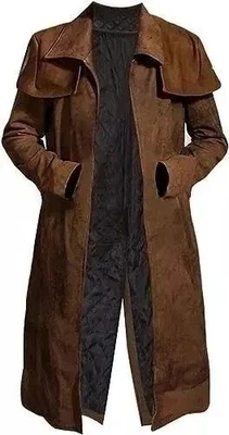 Men’s Brown Faux Leather Trench Duster | Long Western Fallout-Style Overcoat - Image 1 of 4