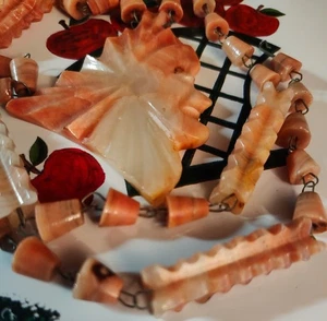 Vintage 1960s Carved Calcite Necklace Coral Orange Mexican Art Aztec Face 28" - Picture 1 of 15