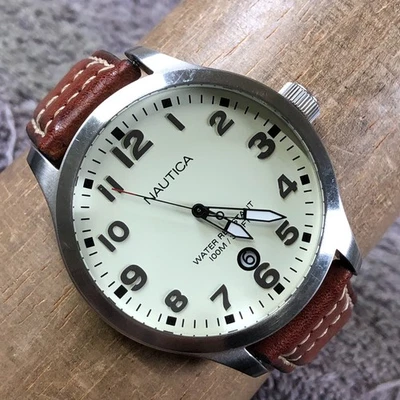 Nautica Men N09560G Dress Date Brown Leather Band Quartz Analog 43mm Watch 8" - Image 1 of 4