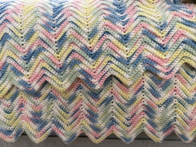 Handmade Crochet VTG GRAN Afghan Baby Blanket Throw Pink  Chevron Stripe ~64x40” - Image 1 of 4