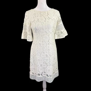 Lauren Ralph Lauren 2 Sheath Dress Lace Overlay Ivory Cream Short Bell Sleeves - Picture 1 of 15