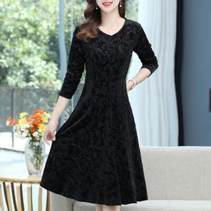 Women Velvet Midi Dress Jacquard Tunic V Neck Pleated Stretchy Party Evening Fit - Picture 1 of 15